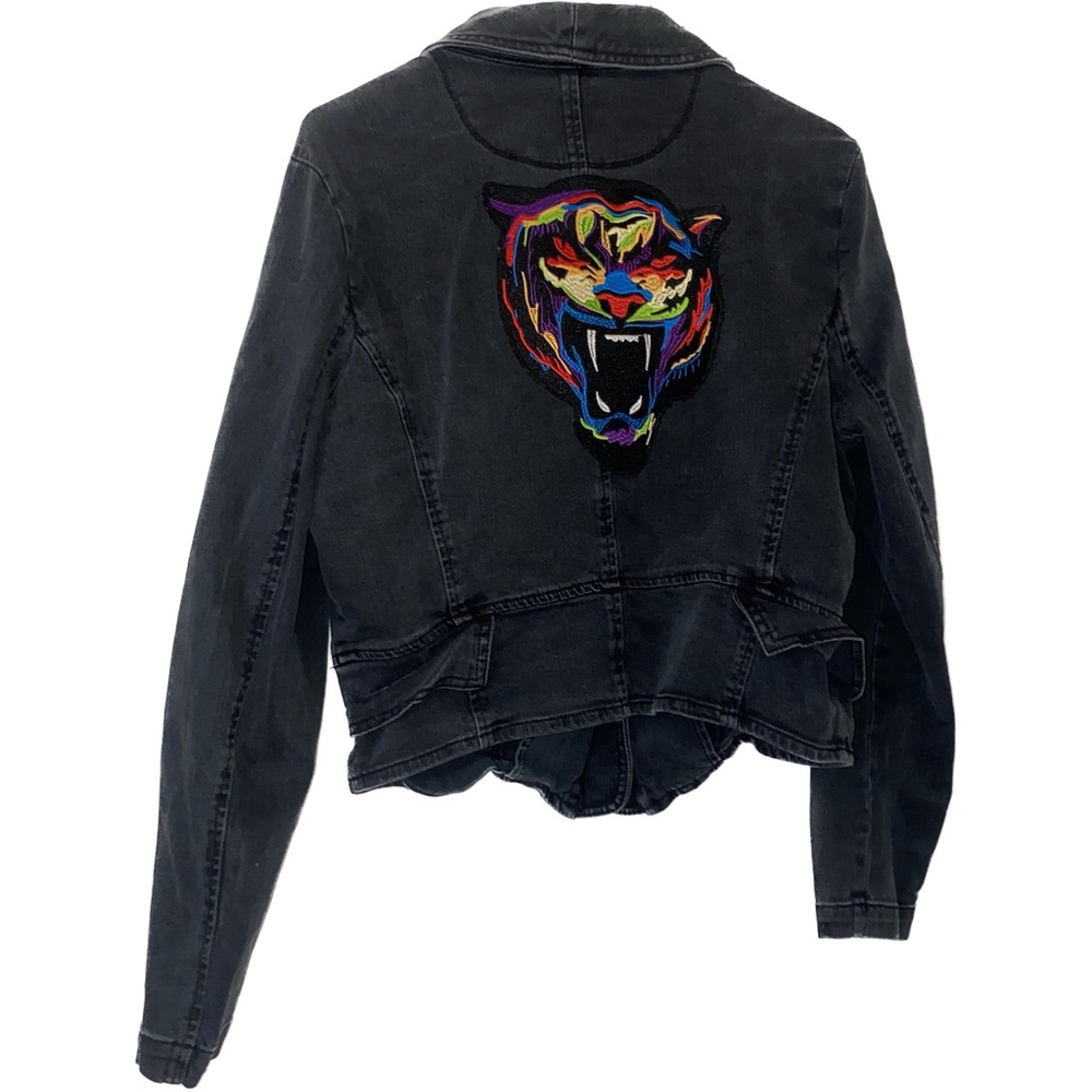 Women’s Custom Converse One Star Black Denim Jacket with Rainbow Lion Patch